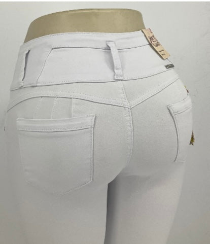 Push-Up High Waist 4 Buttons White Skinny Jeans