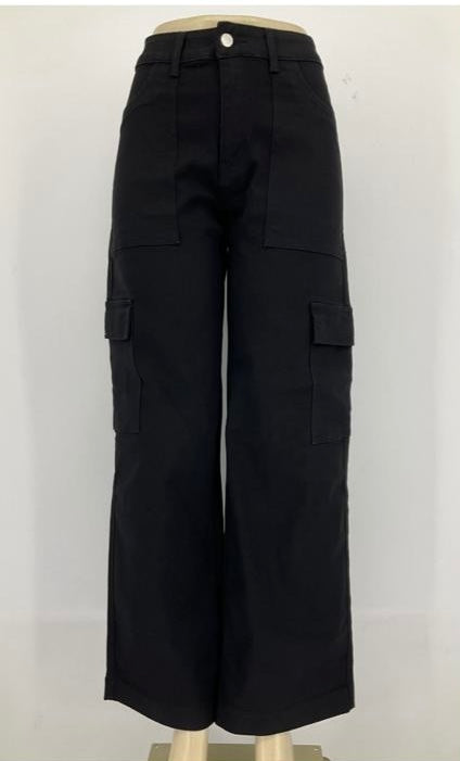 High Waist Cargo Jeans-Black