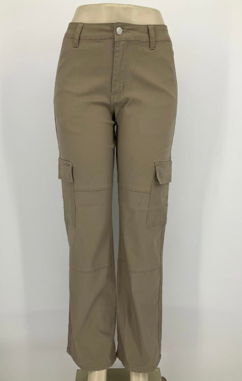 High Waist Cargo Jeans-Khaki